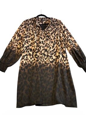 Halogen Leopard Ombre Smock Mini Dress Brown Animal Print Long Sleeve L EUC